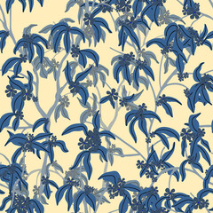  leaves dried branches vector seamless pattern. background for fabrics, prints, packaging and postcards branches with striped leaves vector seamless pattern. A hedge of twigs on a colored background