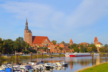 Naklejka premium View at the port of Tangermuende and the historical old town with city wall, Saxony Anhalt - Germany
