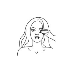 Young beautiful woman wipes her face with a sponge. Makeup remover. Line girl abstract minimalist silhouette.Body Care for spa salon, eco cosmetics vector icons in sketch style.