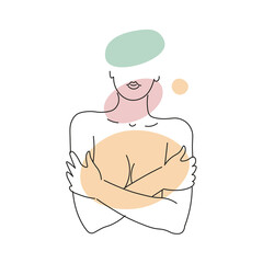 Woman hugging herself. Vector illustration for love yourself, body positive.Line girl abstract minimalist silhouettes with colored spots.Naked of a woman line silhouette. Body Care for spa salon, eco