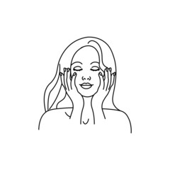A girl doing a facial massage or applying a cream.Line girl abstract minimalist silhouette.Body Care for spa salon, eco cosmetics vector icons in sketch style.