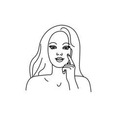 A girl doing a facial massage or applying a cream.Line girl abstract minimalist silhouette.Body Care for spa salon, eco cosmetics vector icons in sketch style.