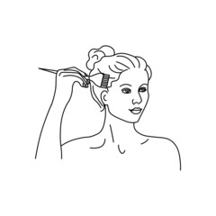 Girl dying her hair. Line girl abstract minimalist silhouette.Body Care for spa salon, eco cosmetics vector icons in sketch style.