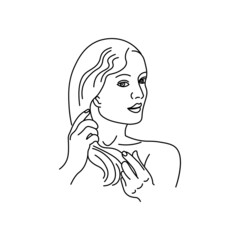 A young woman applies a mask to her hair. Line girl abstract minimalist silhouette.Body Care for spa salon, eco cosmetics vector icons in sketch style.