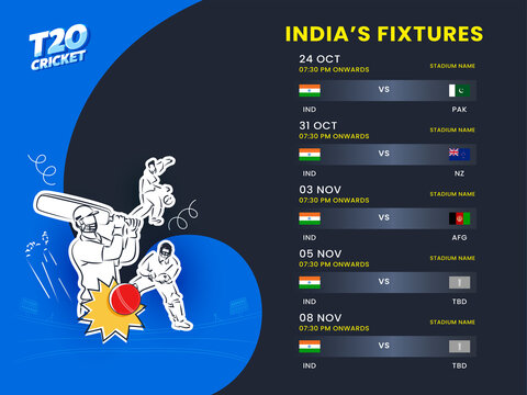 T20 Cricket India's Fixtures Schedule With Sticker Style Cricketer Player On Blue And Black Background.