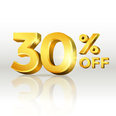 30 percent off glossy gold text vector in 3d style isolated on white background with reflection for marketing design