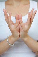 Meditation yoga mudra of hands by woman. close-up