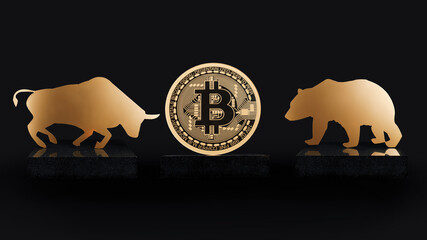Cryptocurrency composition with bull and bear fighting over golden bitcoin against black...