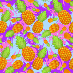 Pineapple seamless pattern on bright stains background. Tropical fruit repeating endless texture. Yummy boundless background. Food surface pattern design. Editable tile for textile or stationery