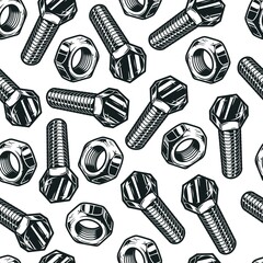 Seamless pattern of steel bolts and nuts - obrazy, fototapety, plakaty