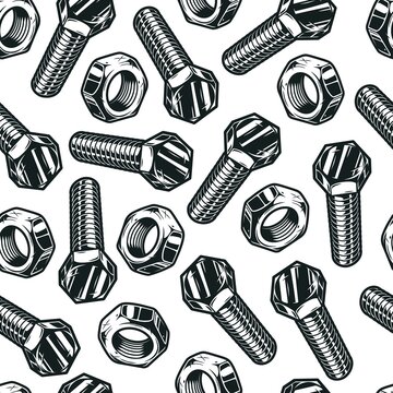 Seamless pattern of steel bolts and nuts