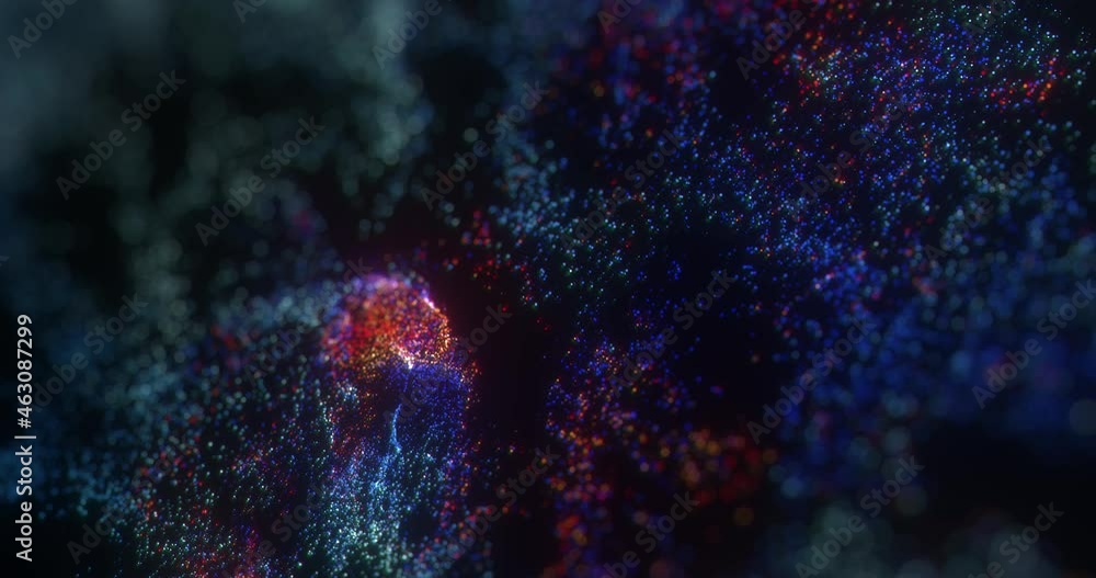 Poster floating colorful abstract particle motion with bokeh on dark background. seamless 4k loop