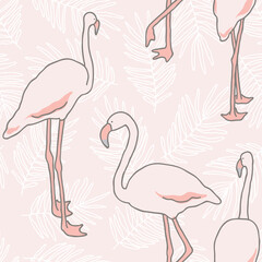 Seamless pattern with hand-drawn flamingos and palm leaves on a pink background
