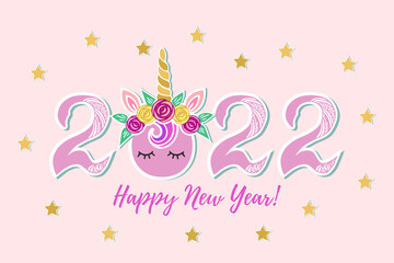 Vector Illustration with 2022, Unicorn Tiara and eyes as Happy New Year postcard, party invitation, postcard motive, Merry Christmas card.