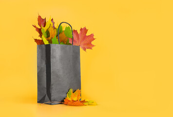 Autumn leaves in a bag on an orange background. Seasonal composition for layouts, template with place for text. Concept - Autumn Sale, Shopping Trip