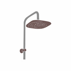 Shower head with water spray isolated on white background. Vector flat design of metal sprinkler with hose. Equipment for douche and bath