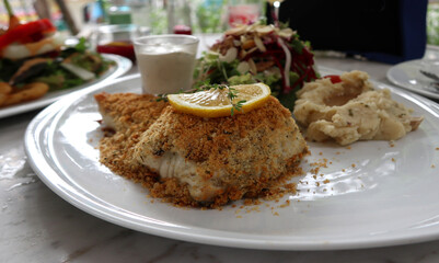 Grilled sea brass with crispy powder serving with fresh salad and mash potato