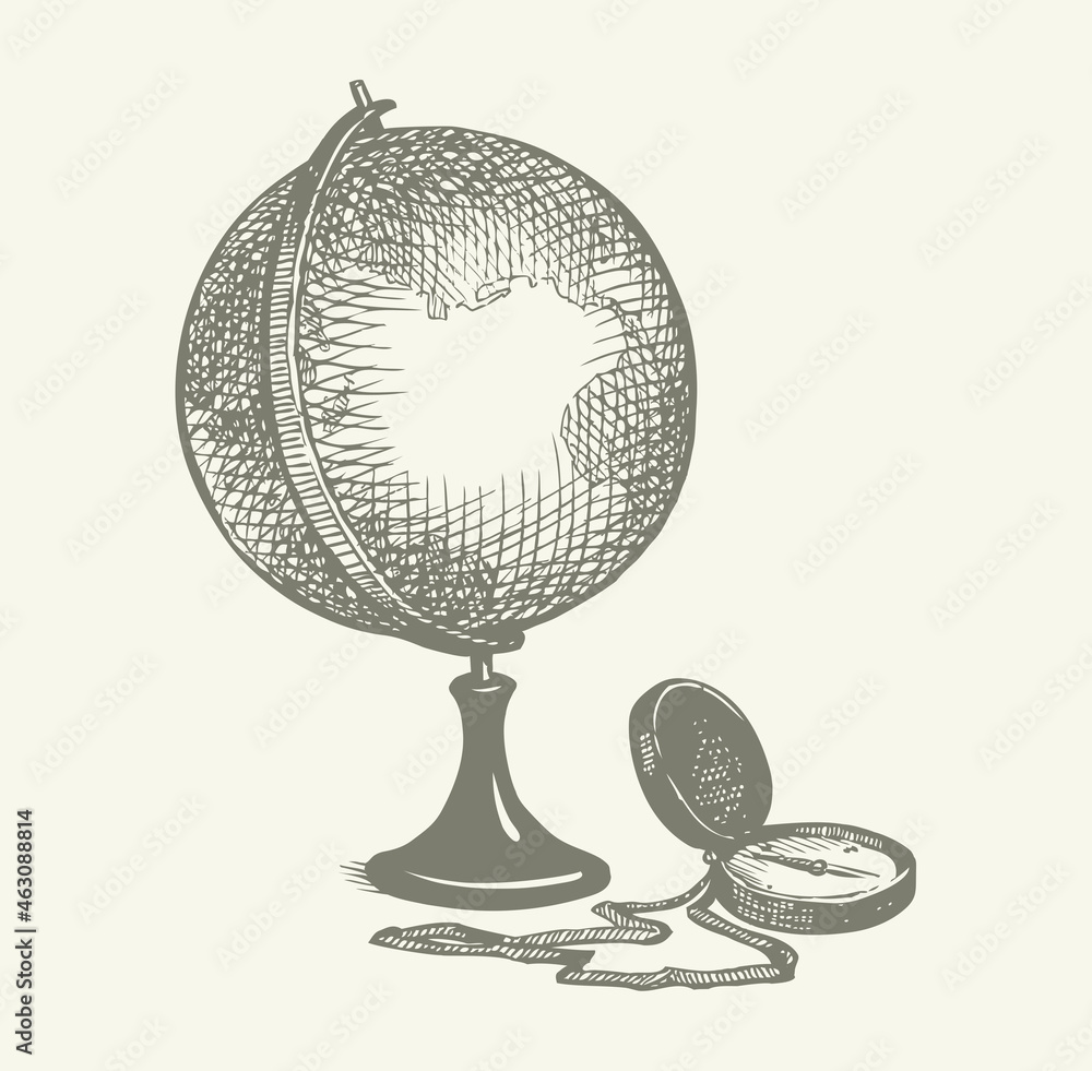 Poster vector still life: a globe, books, map and compass