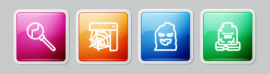 Set line Lollipop, Spider web, Funny and scary ghost mask and Tombstone with RIP written. Colorful square button. Vector