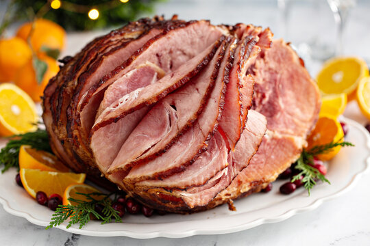 Spiral sliced Christmas ham with orange honey glaze