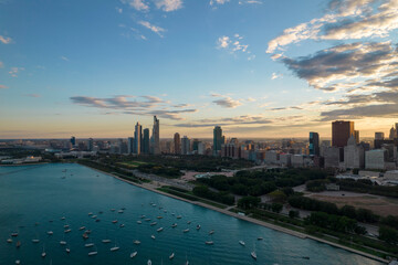 Chicago Sunset Downtown Aerial View 