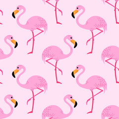 A seamless pattern with pink flamingo birds. Cute wallpaper, wrapping paper, banner, cover template. Clothing print.