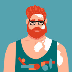 Red-haired man in glasses and a T-shirt with Vitiligo. Skin pigmentation problems. Taking care of your health. Vector illustration