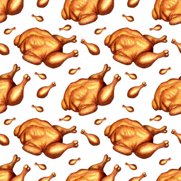 Fried chicken watercolor painting pattern. Thanksgiving autumn background with roasted turkeys. Seamless repeating holiday print. Isolated on white background. Drawn by hand.