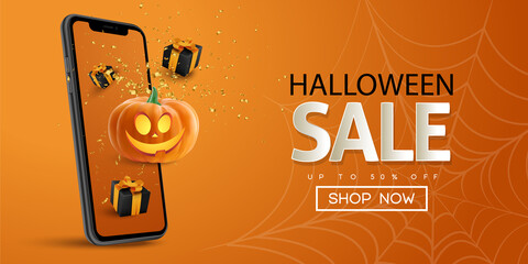 Halloween sale banner with smartphone confetti gift box and realistic pumpkin on orange background. Copy spase. Vector illustration. Vector illustration