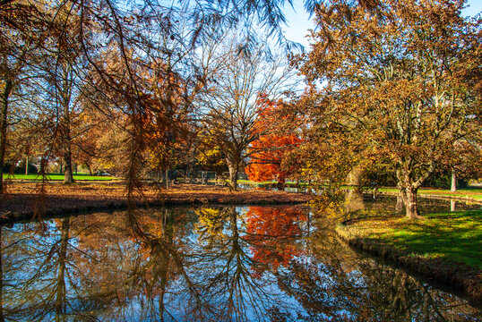 Schöner Park mit einem See von Schloss Favorit, Deutschland, der in bunten Herbstfarben leuchtet