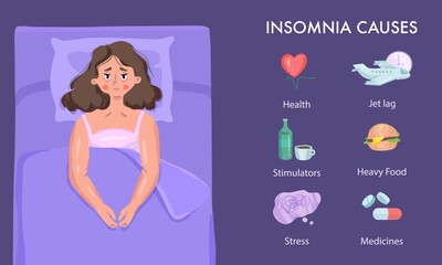 Sleepless woman lying in bed. girl with insomnia hand drawn vector illustration . Top view. Insomnia causes.