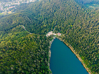 Aerial view of the Lac des corbeaux surrounded by forest, Voges, La Bresse, Lake Crows