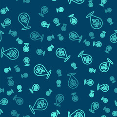 Green line Casino slot machine with clover symbol icon isolated seamless pattern on blue background. Gambling games. Vector