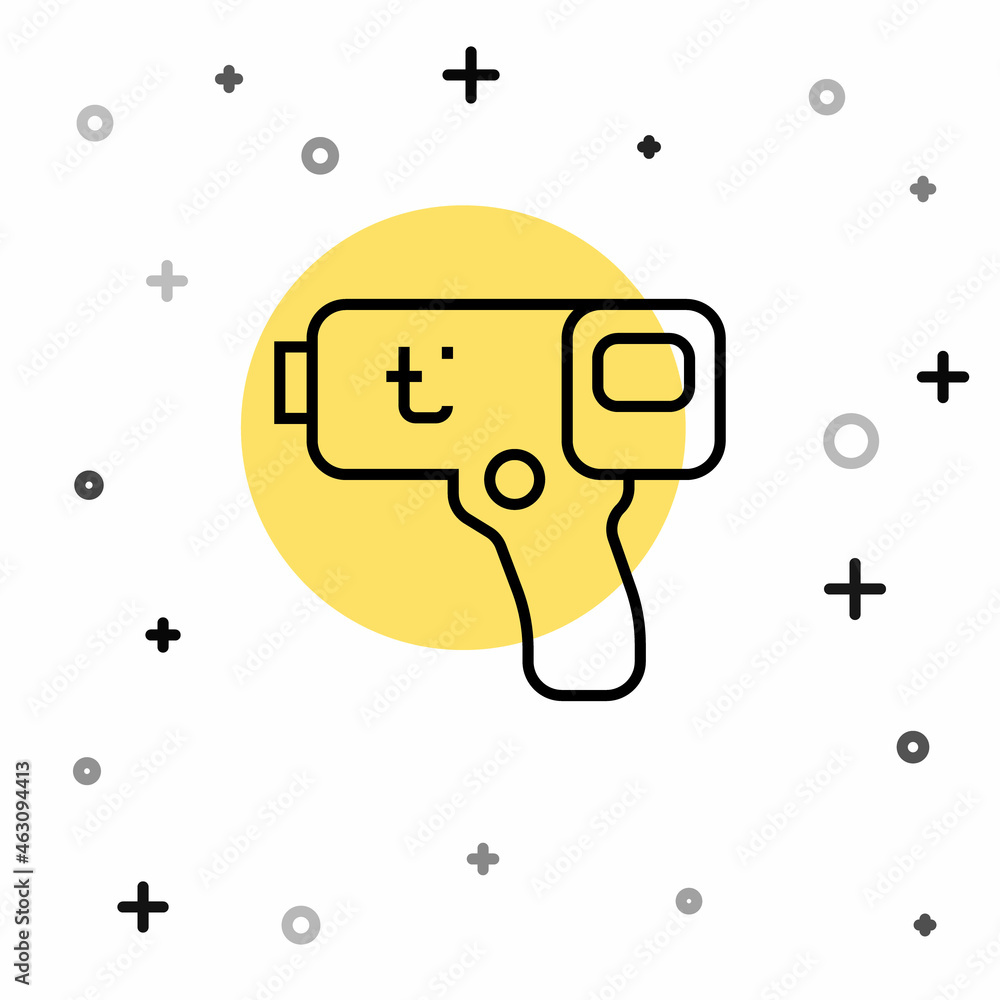 Poster black line digital contactless thermometer with infrared light icon isolated on white background. ra