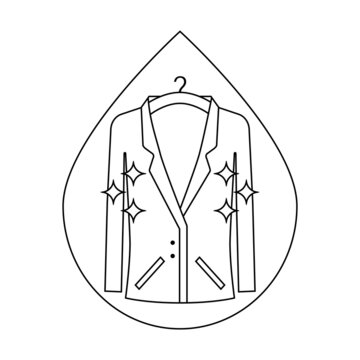 Dry cleaning clothes and laundry icon and symbol. A clean suit jacket hangs on a hanger. Outline linear vector illustration and clipart on white background.
