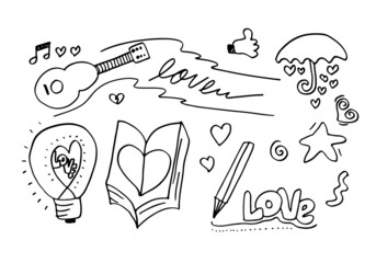 hand drawn doodles set for Valentine's Day. collection of beautiful hearts and writings Love. Vector illustration.