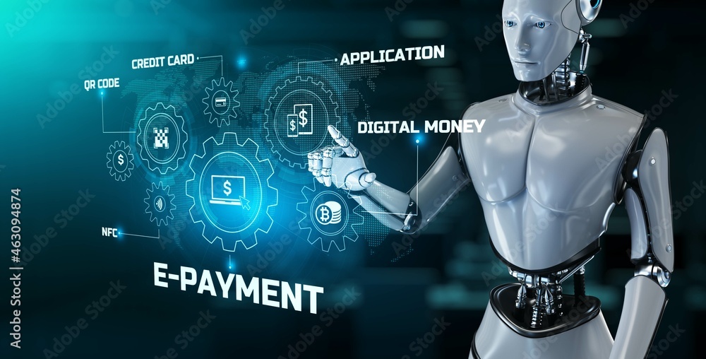Poster e-payment digital money internet banking. robot pressing button on screen 3d render.