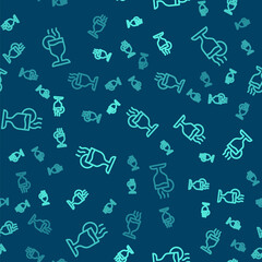 Green line Mulled wine with glass of drink and ingredients icon isolated seamless pattern on blue background. Cinnamon stick, clove, lemon slice. Vector