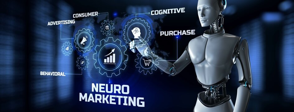 Neuromarketing cognitive advertising technology concept. Robot pressing virtual button 3d render illustration.