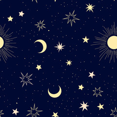 Obraz na płótnie Canvas Seamless pattern with stars, moon and sun isolated on blue background.