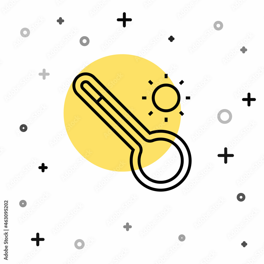 Poster black line meteorology thermometer measuring heat and cold icon isolated on white background. thermo