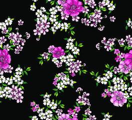 Obraz na płótnie Canvas Pink and white flowers on Black backgroud seamless pattern. Vetor illustration.