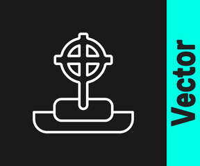 White line Tombstone with cross icon isolated on black background. Grave icon. Happy Halloween party. Vector