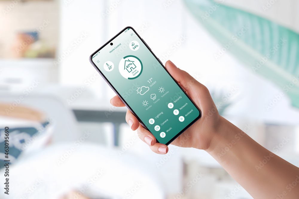 Poster hand showing smart home control app concept. moder flat design app with most important options