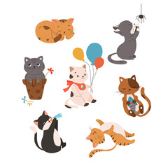Cute kitty cat vector illustration set with different cats poses, toys, and food