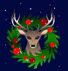 Fabulous New Year's Eve tree decorated with garlands. Magic Deer Falling Snow Around Vector Graphics
