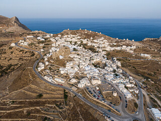 Aerial view of Greek Chora village on Amorgos island, Aegean Sea, Cyclades