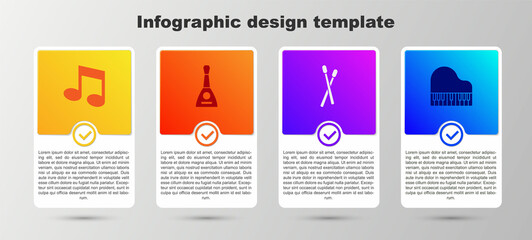 Set Music note, tone, Balalaika, Drum sticks and Grand piano. Business infographic template. Vector