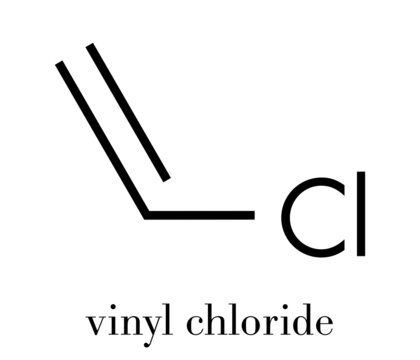 Vinyl chloride, polyvinyl chloride (PVC) plastic building block. Skeletal formula.