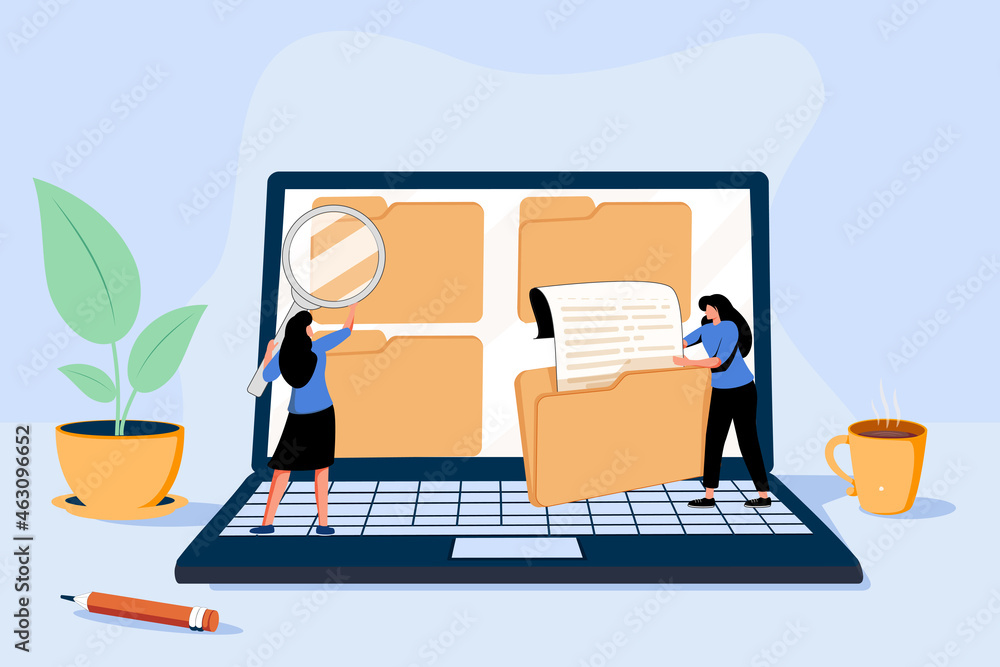 Poster conceptual template with man standing on laptop computer and opening drawer of storage cabinet full 